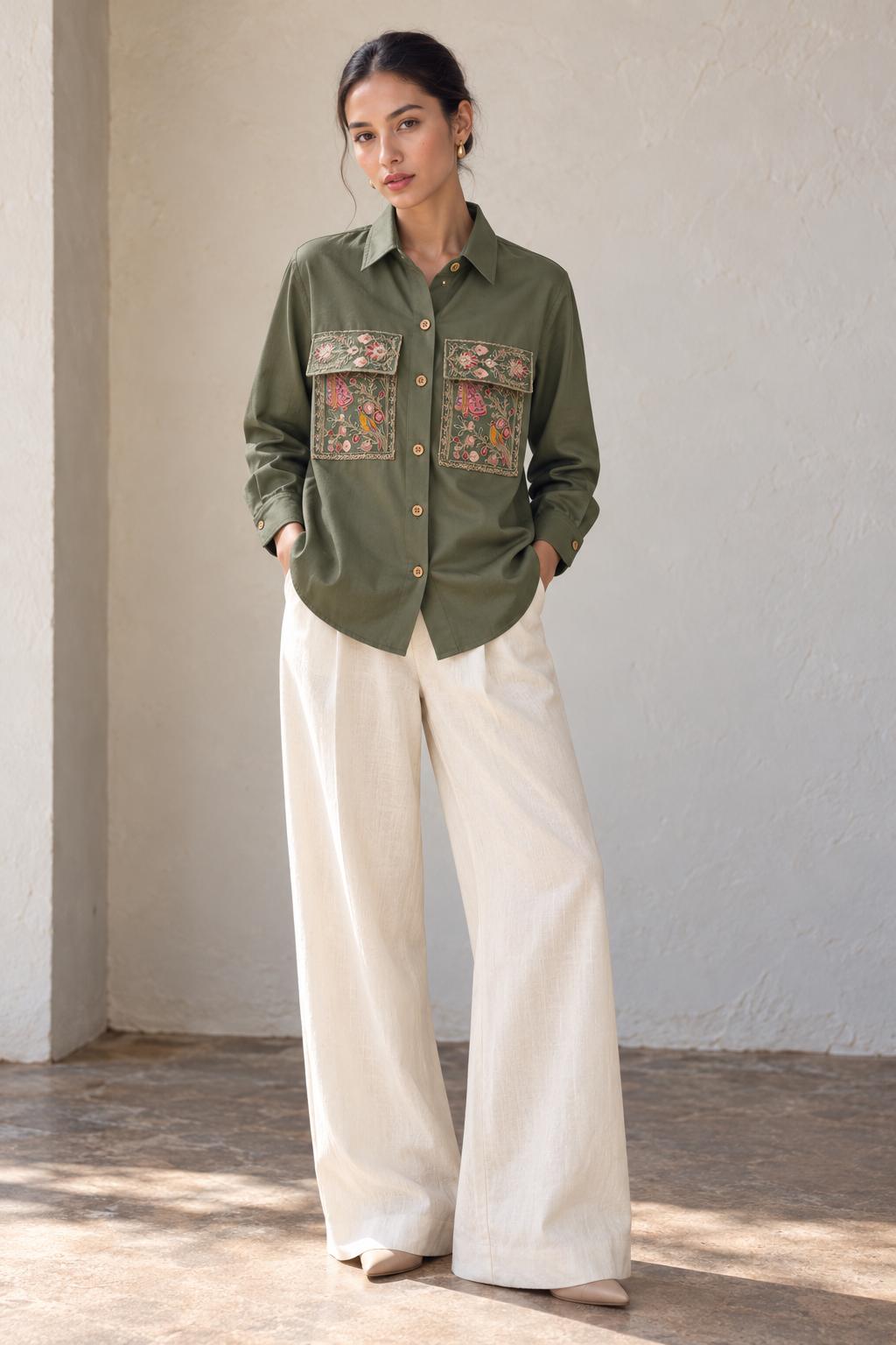 Noori Embroidered Shirt - Olive Green