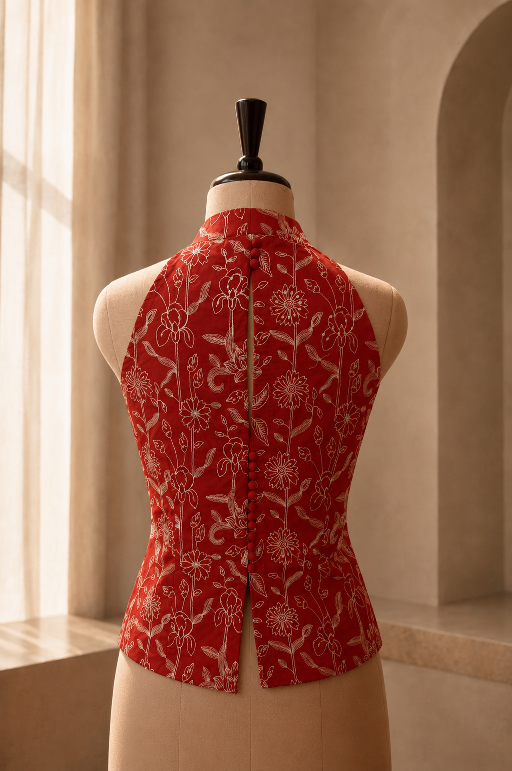 Red Embroidered Button Back Top