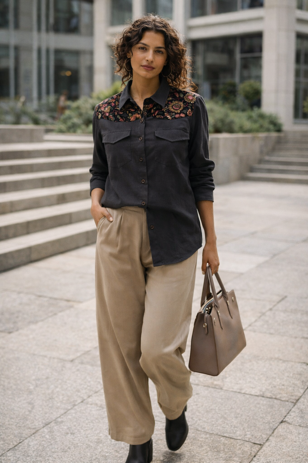 Charcoal Velvet Detail Loose Fit Shirt