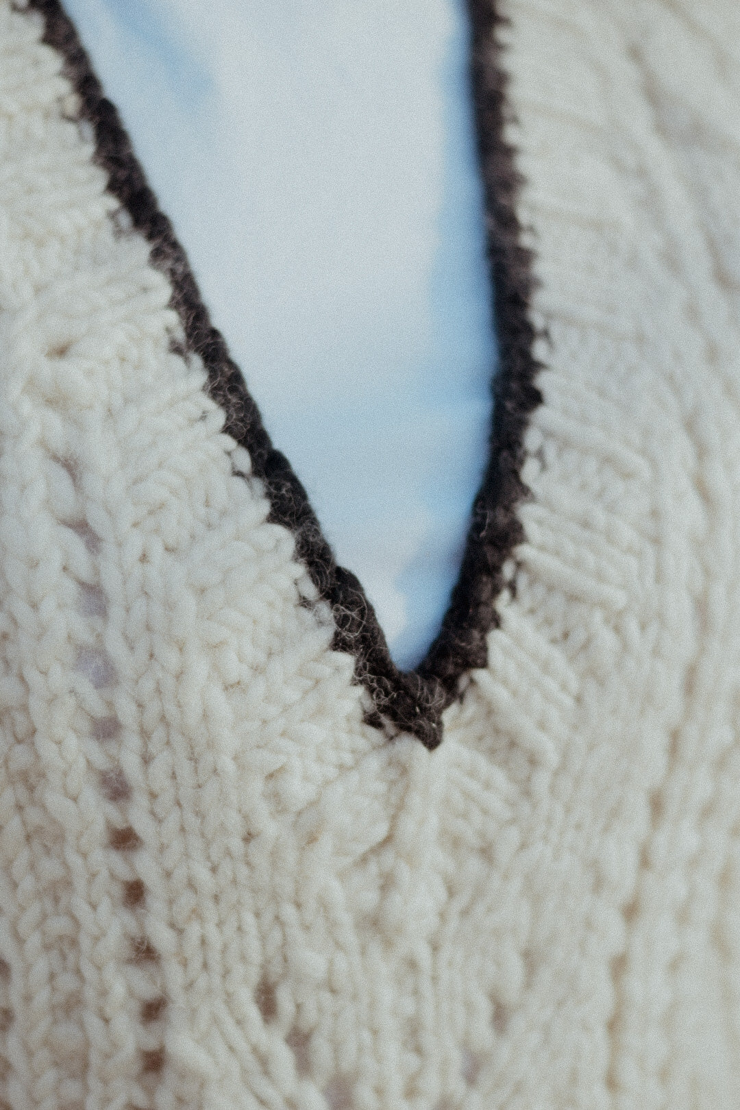 White Hand-Knitted V-Neck Half Sweater