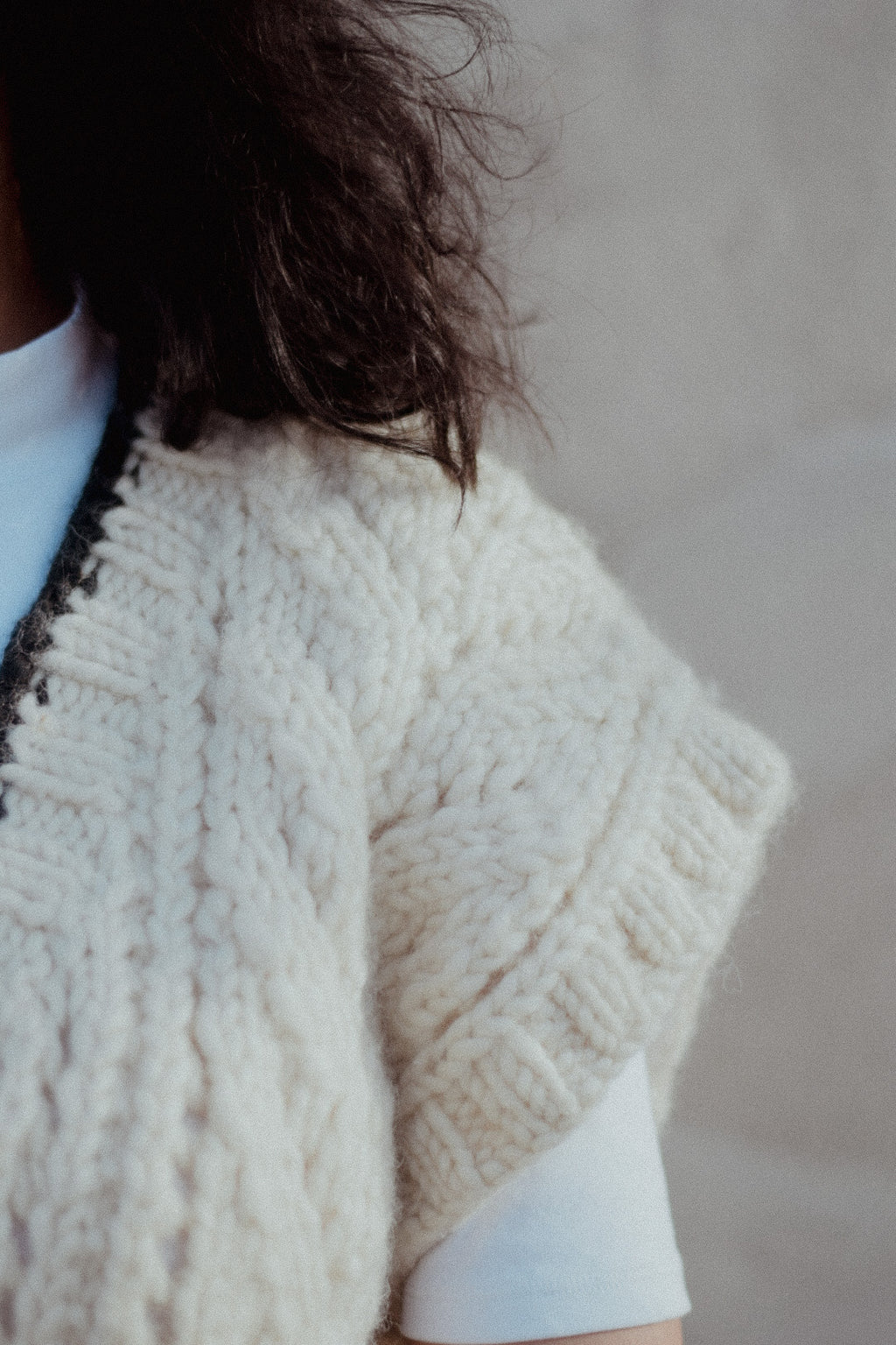 White Hand-Knitted V-Neck Half Sweater