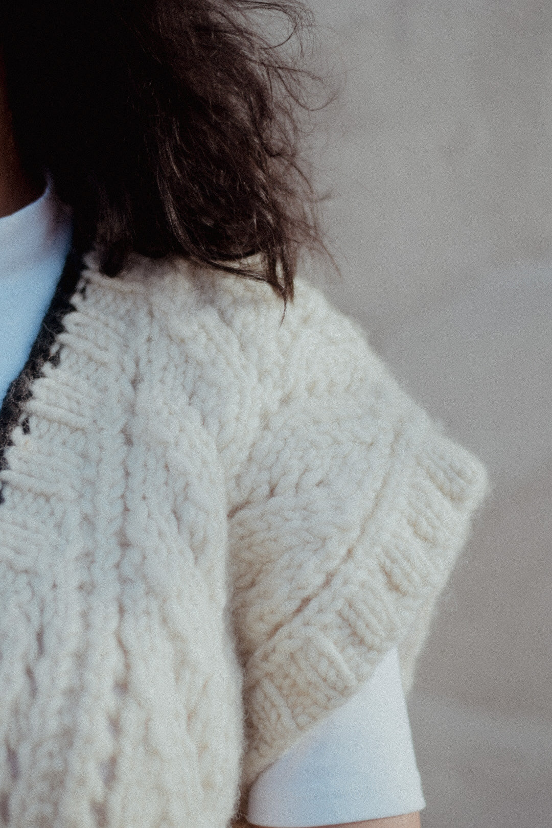 White Hand-Knitted V-Neck Half Sweater