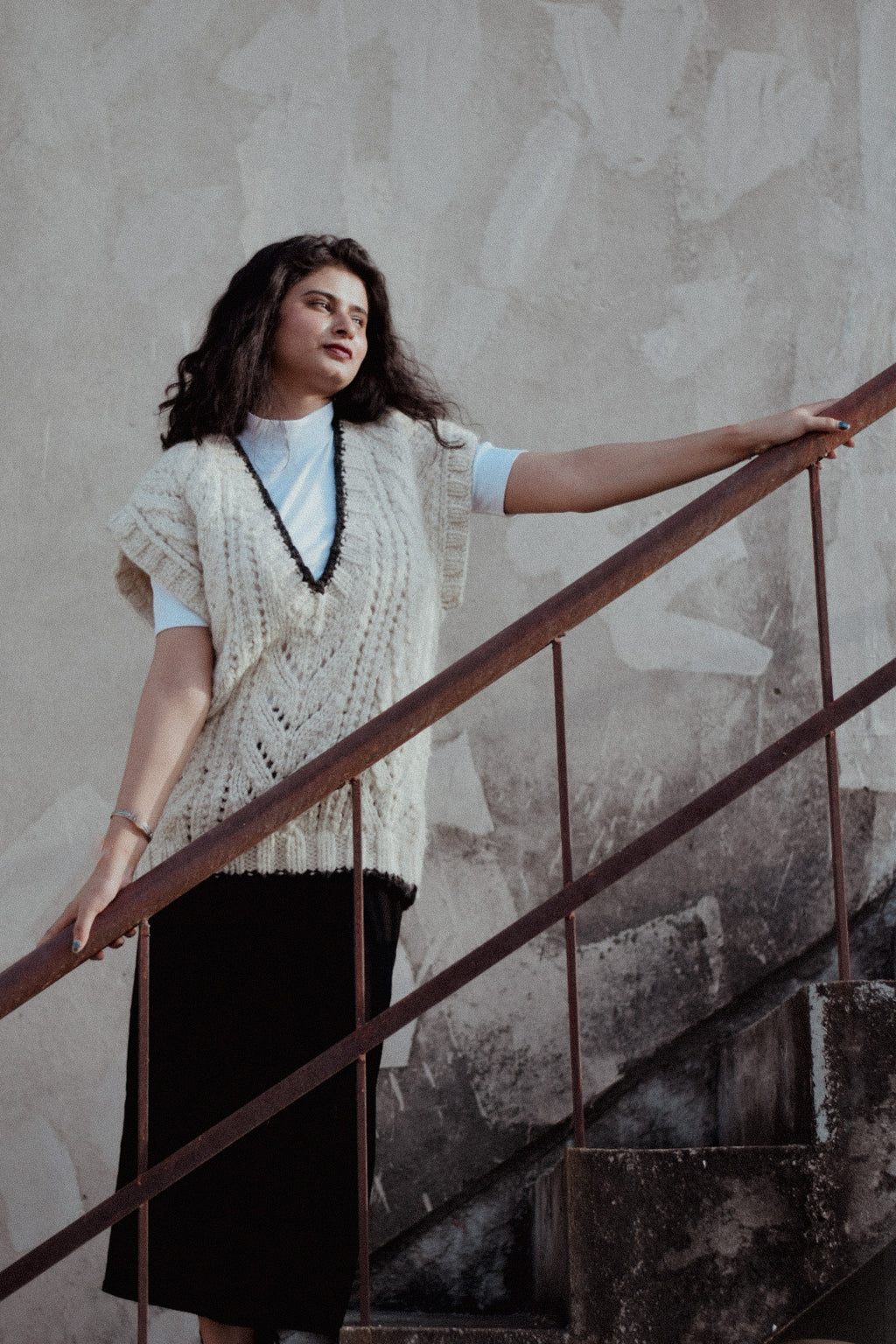 White Hand-Knitted V-Neck Half Sweater