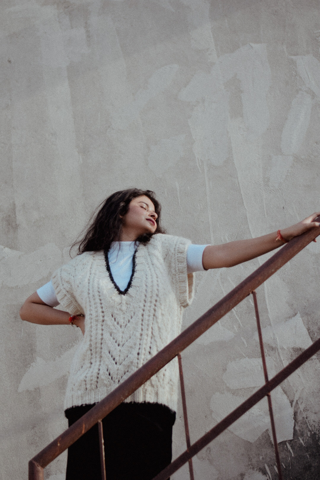 White Hand-Knitted V-Neck Half Sweater
