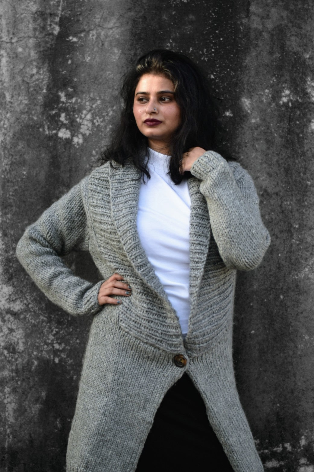 Shawl Collared Long Grey Handknitted Sweater