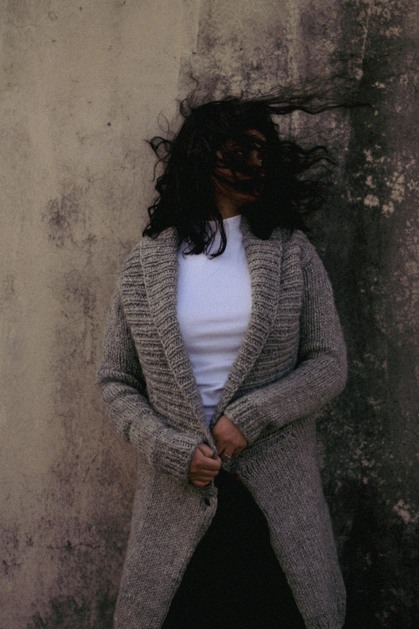 Shawl Collared Long Grey Handknitted Sweater
