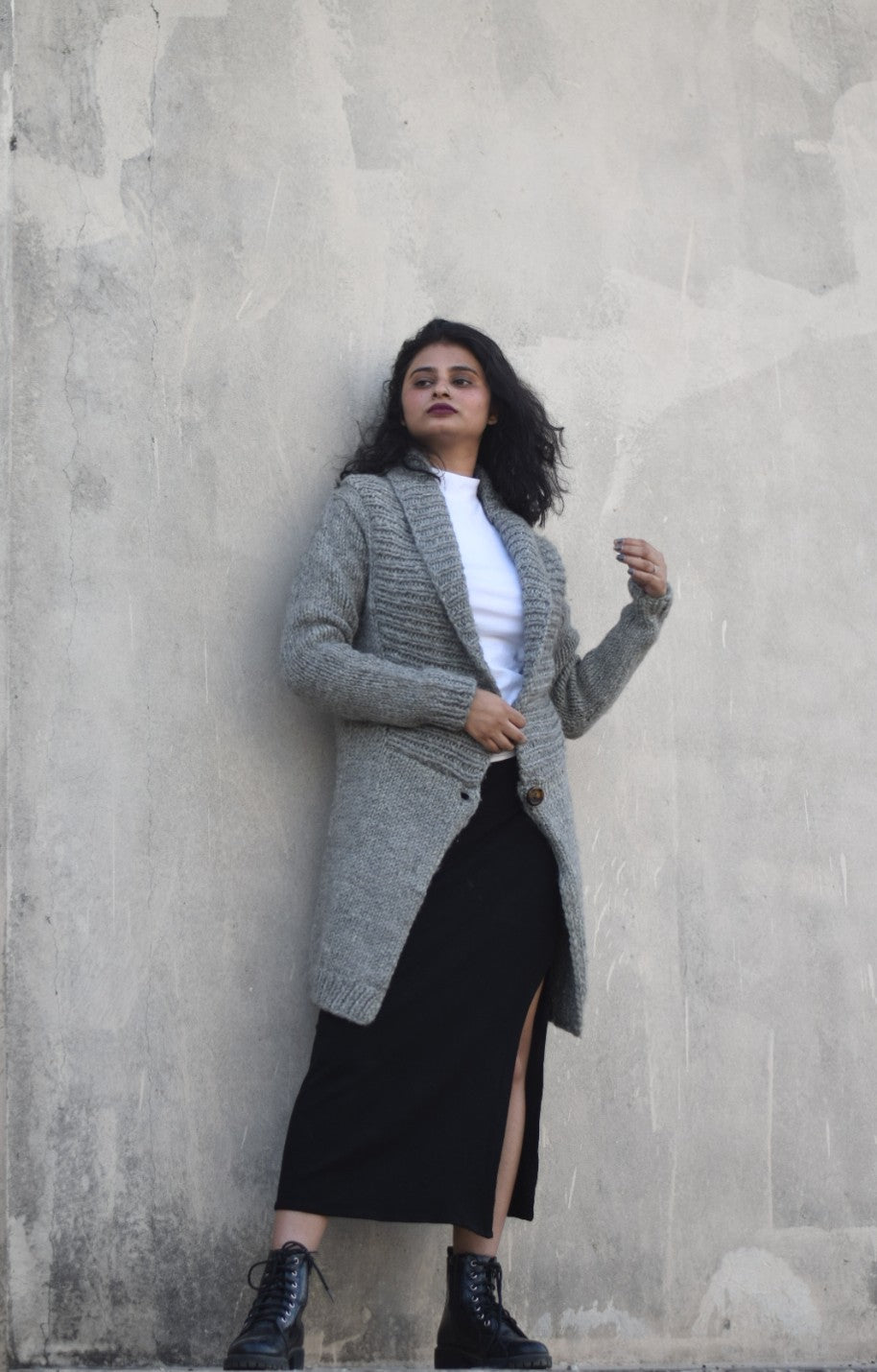 Shawl Collared Long Grey Handknitted Sweater