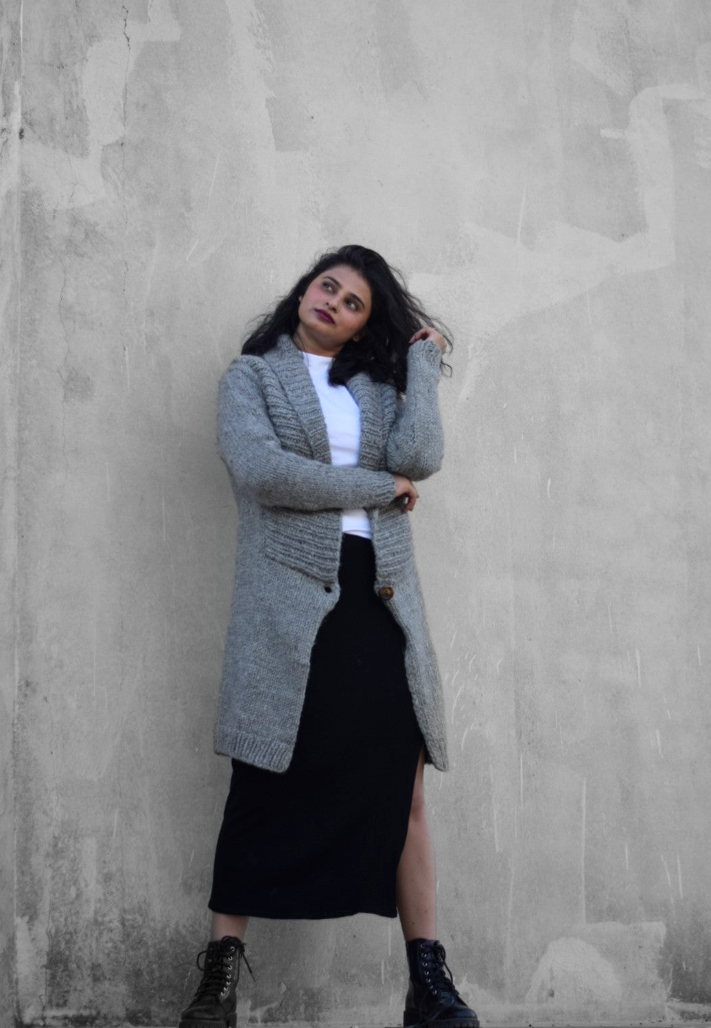 Shawl Collared Long Grey Handknitted Sweater