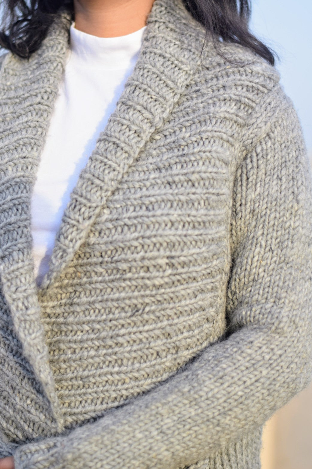 Shawl Collared Long Grey Handknitted Sweater