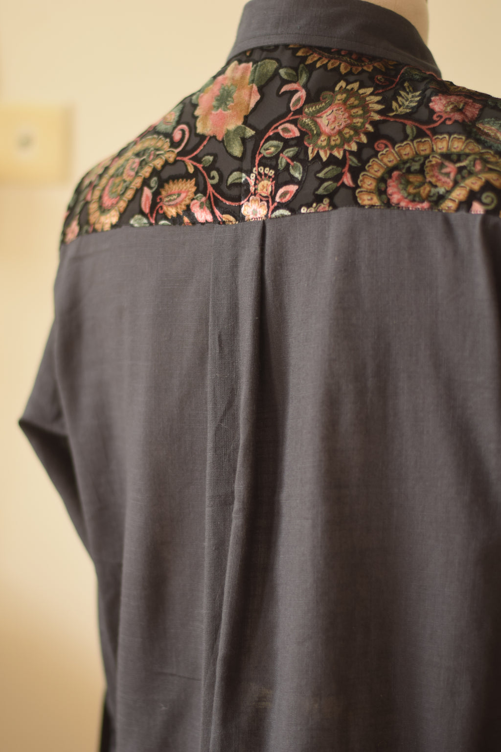 Charcoal Velvet Detail Loose Fit Shirt