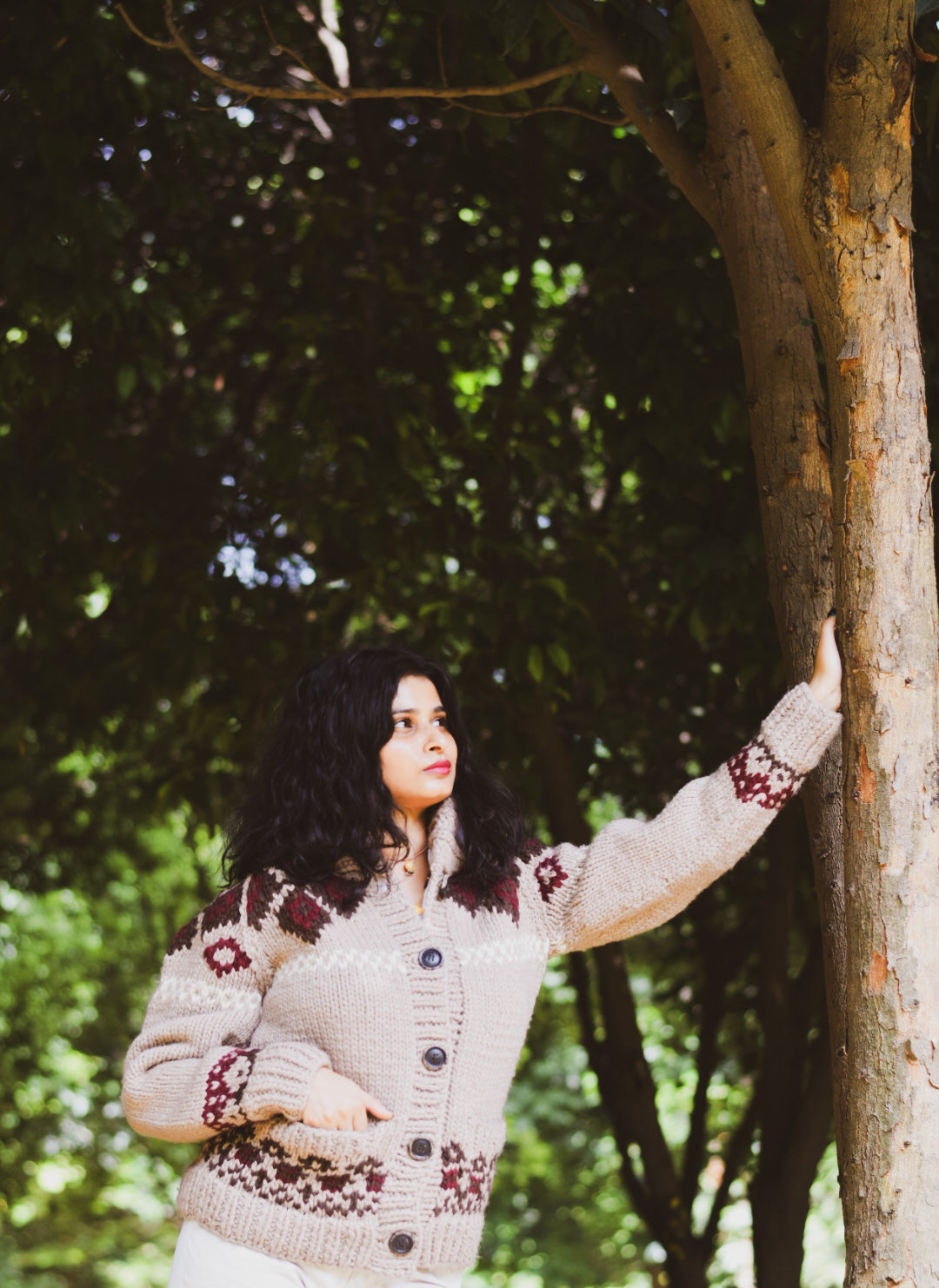 Beige Shawl Collar Pure Merino Wool Sweater