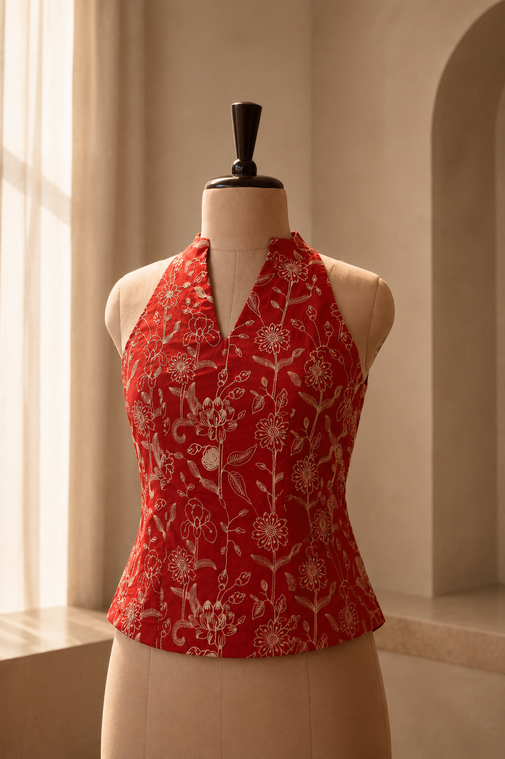 Red Embroidered Button Back Top