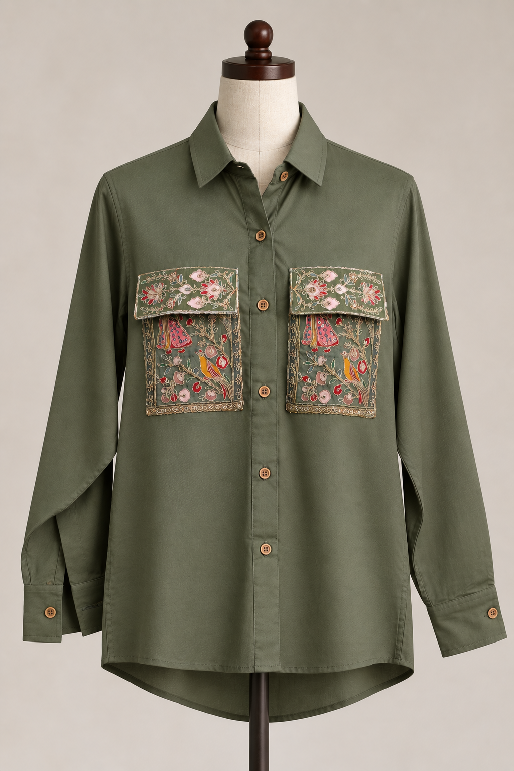 Noori Embroidered Shirt - Olive Green