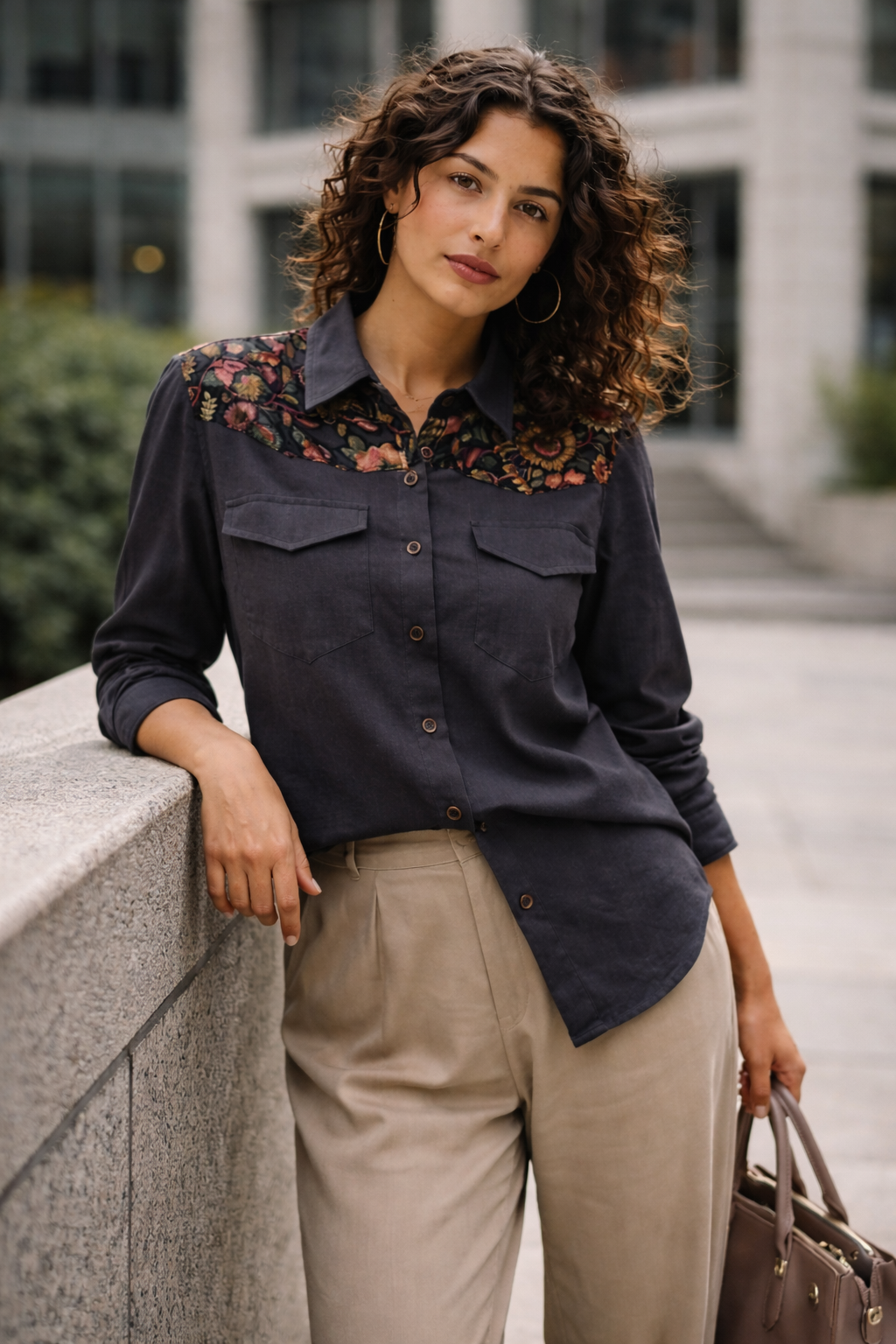 Charcoal Velvet Detail Loose Fit Shirt