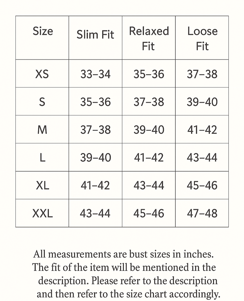 General size chart