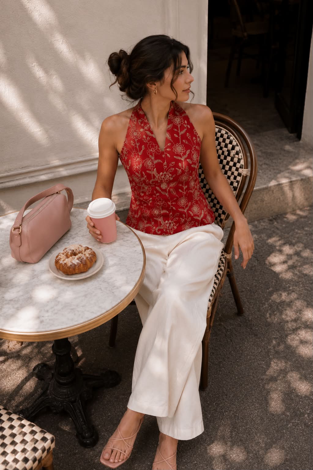 Red Embroidered Button Back Top