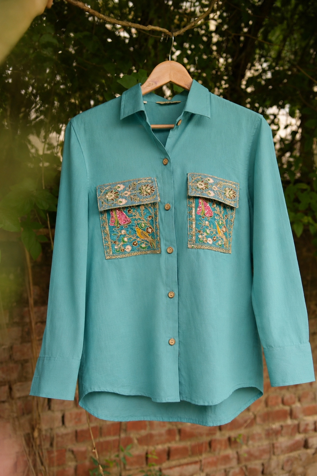 Styled look featuring the Noori embroidered turquoise shirt