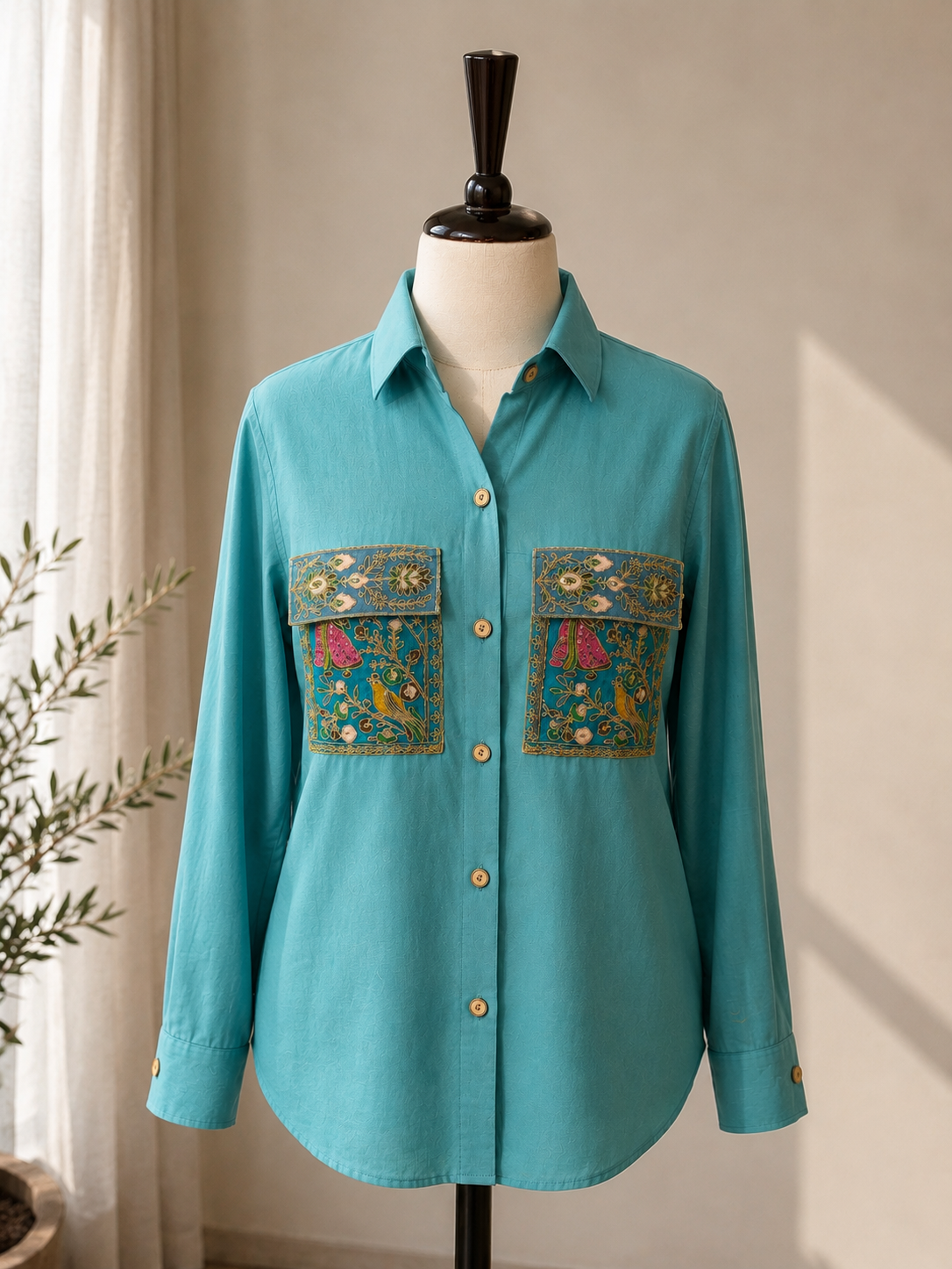 Angled view of the Noori embroidered turquoise shirt